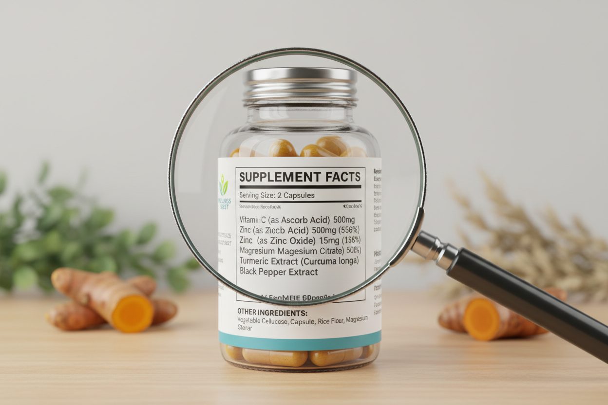 vergrootglas op supplementen etiket